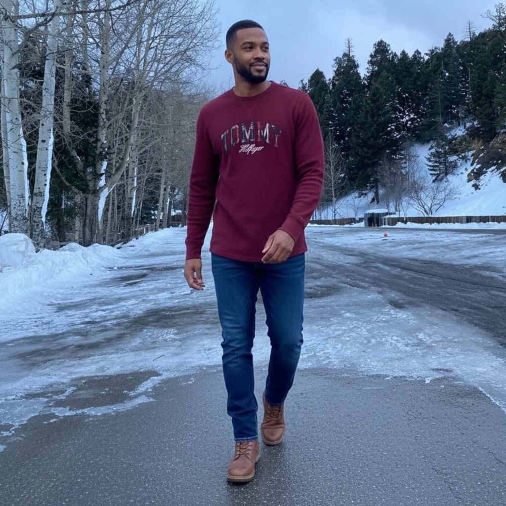 Tommy Hilfiger Waffle Knit Long Sleeve Shirt Men’s Medium Burgundy Plaid Logo